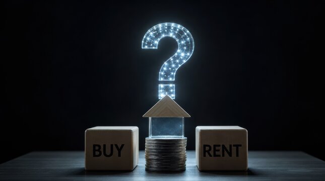 A conceptual image showing a house model with stacked coins and a glowing question mark above it, flanked by blocks labeled "BUY" and "RENT" on a dark background.