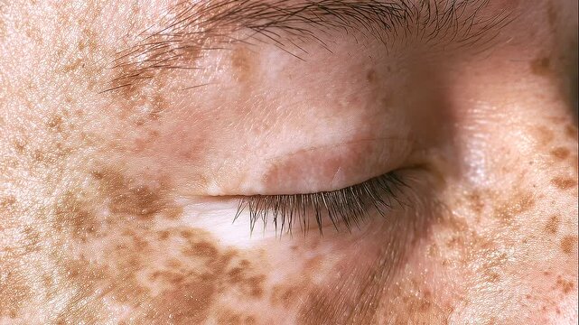 Extreme macro close-up of a closed eye surrounded by dense natural brown freckles across fair skin, individual eyelashes and realistic pores clearly visible, facial pigmentation, ephelides, freckled c