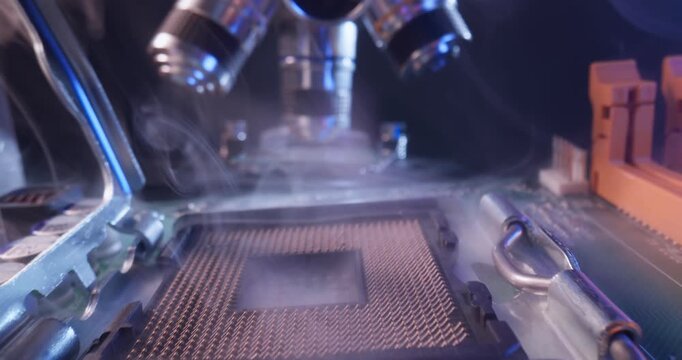 Slow motion microscope inspecting cpu processor and motherboard chipset on electronics bench in laboratory, probe macro close tracking shot.