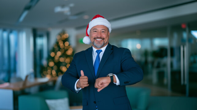 Senior manager man checking his wristwatch and giving a thumbs up in an office during the Christmas season, time management, punctuality and meeting deadlines. 