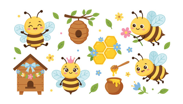 Cute Cartoon Queen Bee and Honeycomb Icon Set with Wooden Beehive Wildflowers Honey Pot and Flying Insects for Sweet Product Packaging Vector Illustration Designs