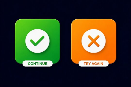 Green continue and orange cancel button icons with checkmark and cross symbols