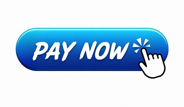 Blue pay now button with click animation and hand cursor