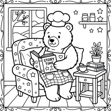 Cute bear chef sitting in an armchair reading a storybook in a cozy room