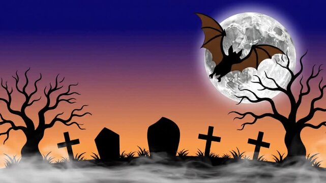 Spooky bat flying over dark silhouettes of graveyard tombstones against full moon in night sky digital animation motion clip background