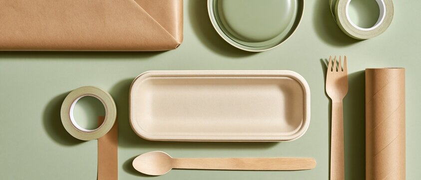 Sustainable packaging materials arranged on green background with wooden cutlery and tape