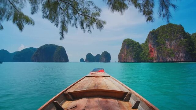 Longtail boat sailing through turquoise waters towards limestone karsts in Thailand during daylight cinematic motion