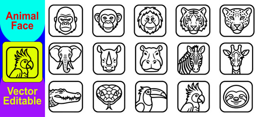 Fototapeta premium Set of fifteen hand drawn animal face icons featuring various wild creatures in a clean black and white line art style