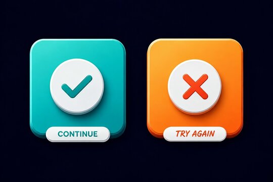 Flat design continue and try again button icons with checkmark and cross symbols
