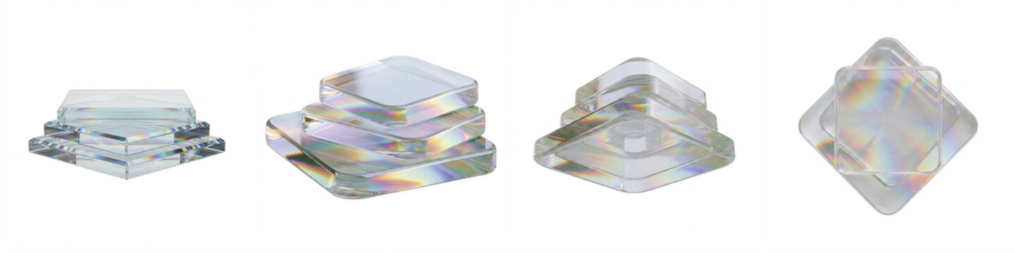 Glass pedestal set with iridescent rainbow reflection featuring four square acrylic blocks isolated on white background for luxury cosmetic product display, mockup staging, and podium showcase