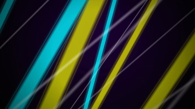 Vibrant glowing diagonal stripes in cyan, yellow, and white light lines moving across a dark background, perfect for digital backgrounds, motion graphics and tech presentations