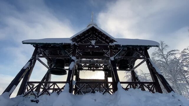 Belogorsky St Nicholas Monastery church bell tower in winter, Perm Krai.