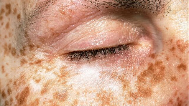 Macro close-up of closed eye with a sharply defined white vitiligo patch surrounded by dense brown freckles, periocular depigmentation, leukoderma, achromic macule, melanocyte loss