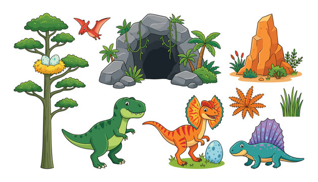 Cute Prehistoric Dinosaur Vector Character Set with Tyrannosaurus Rex Cave Eggs Tree and Rocks for Children Illustration Patterns and Educational Designs