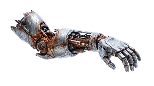 Rusty mechanical robot arm prosthesis with presented isolated transparent on transparent background