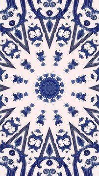 Blue and white porcelain mandala burst pattern animation abstract ceramic tile background. Vertical video