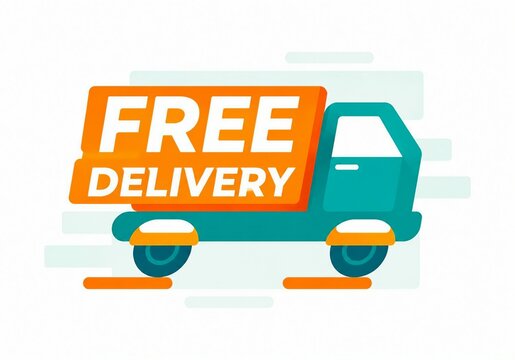 Free delivery truck with bright orange sign and teal vehicle