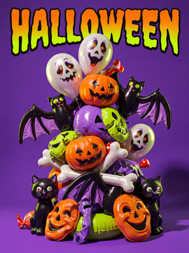 Halloween 3D balloon stack with ghosts pumpkins and bats