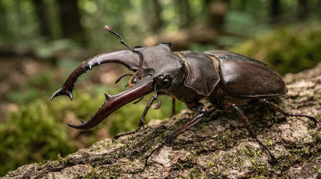 Close-up of a stag beetle with large mandibles on a mossy log