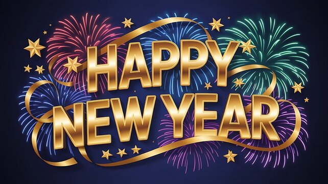 Happy new year celebration with colorful fireworks and golden text