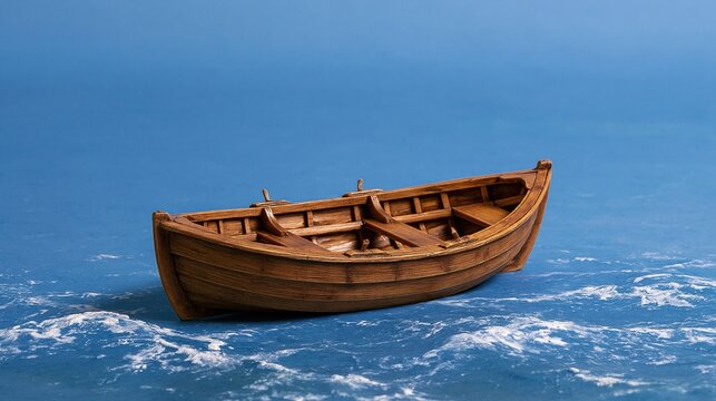 Handcrafted miniature wooden rowing boat model placed on stylized textured blue wave surface representing traditional boat building and nautical hobby concept