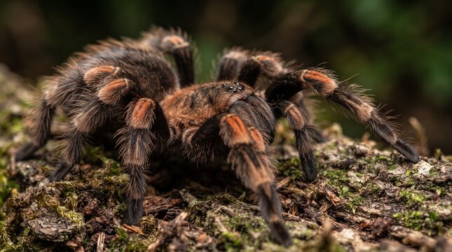 Close-up of a large tarantula spider crawling on a mossy log
