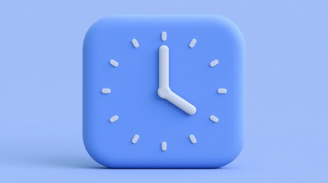 Minimal 3d rendered soft rounded square blue clock with white hands showing four oclock on matching light blue solid background for time concept