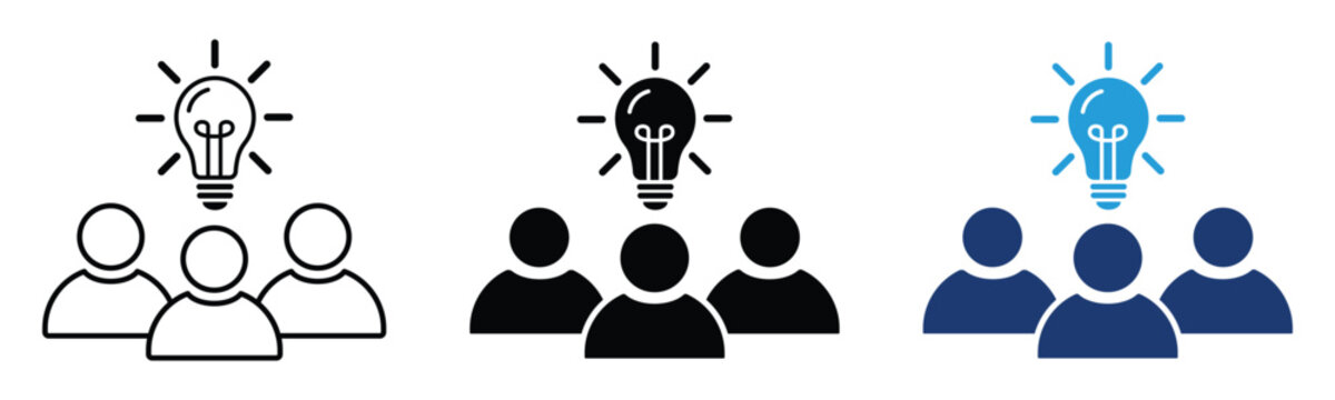 Team brainstorming and creative thinking icon set with people, idea lightbulb, collaboration, innovation, knowledge sharing, business teamwork, problem solving and group insight. Vector illustration