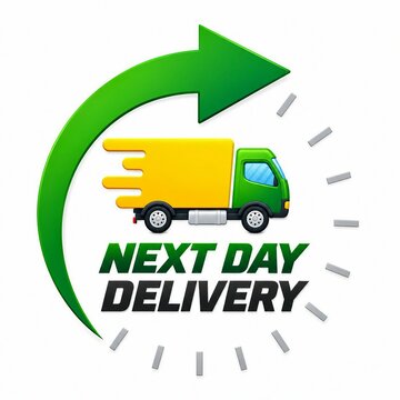 Green delivery truck icon with next day delivery arrow