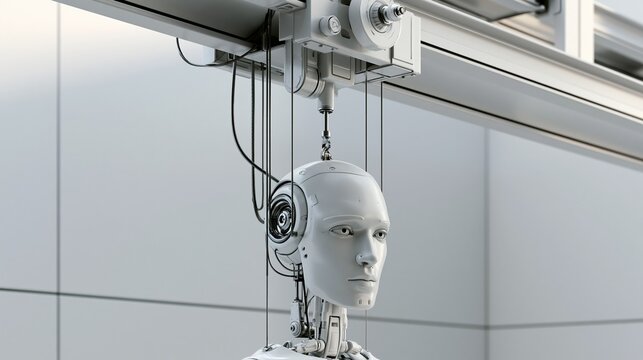 Detailed humanoid robot head suspended from industrial overhead machinery against clean light gray panel wall representing artificial intelligence development