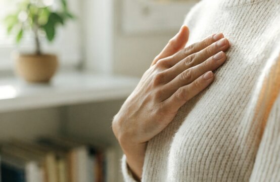 Relaxing breathing technique with hand placed on chest in a professional environment encouraging mindfulness and tranquility for overall wellness