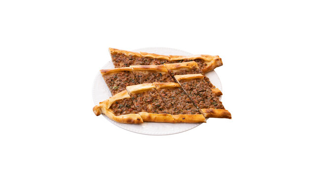 Traditional turkish pide flatbread topped with minced meat on a white plate turkish food ground meat middle eastern white background fast food flatbread lahmacun traditional restaurant
