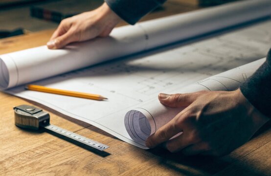 Person carefully rolling out an architectural blueprint on a workbench using a pencil and measuring tape to assist in design and planning for various projects