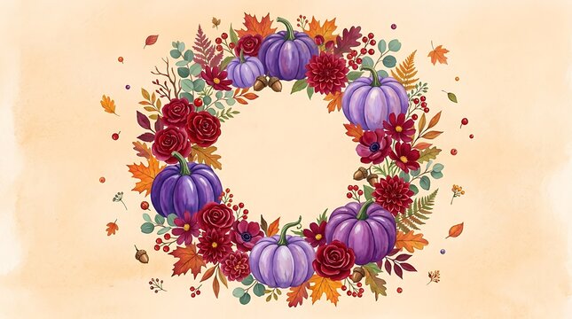Autumn wreath with purple pumpkins and colorful flowers for harvest season celebration decor