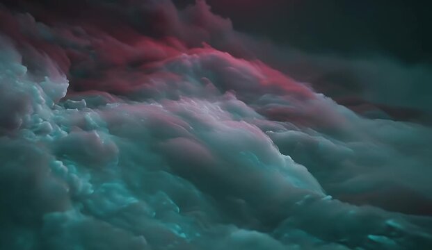 Dramatic pink and teal clouds swirling in a dark sky