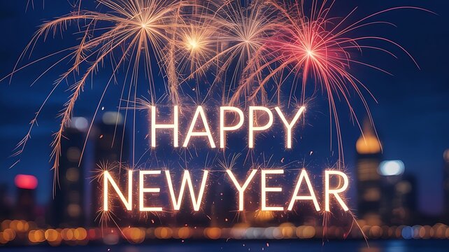 Happy new year celebration with colorful fireworks over city skyline