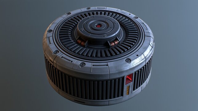 Detailed 3d rendered futuristic circular dark metallic sci-fi energy reactor core with concentric vents and red accent details on plain neutral background