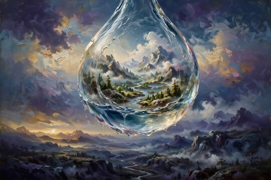 Macro surreal water droplet containing a miniature mountain landscape world