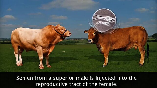 Artificial insemination in livestock using collected semen for controlled breeding and genetic improvement.