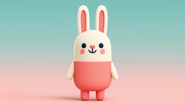 Cheerful three dimensional animated bunny character joyfully dancing and winking against a soft pastel pink and blue gradient background, celebrating the arrival of spring and easter holiday fun