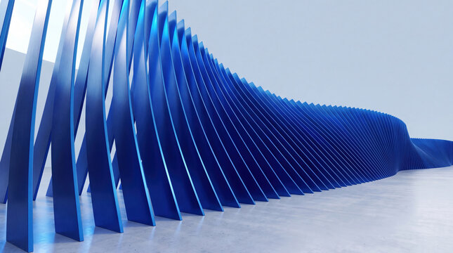 Blue parametric architectural wave wall structure in modern interior space