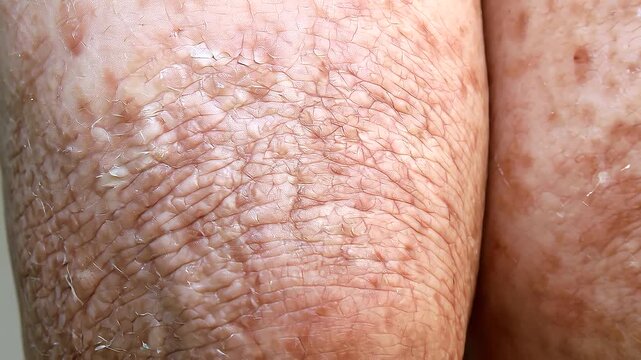 Close-up of knees affected by severe scaly plaques with visible redness and swelling around the joints, inflammatory skin eruption, arthropathic psoriasis, synovitis, joint pain