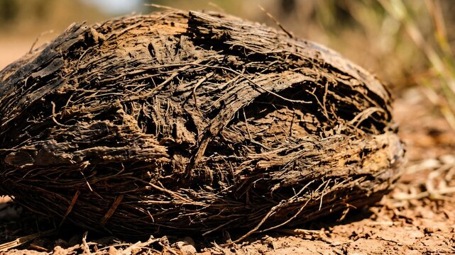 Macro Detail of a Rough Sugar Palm Fruit Husk on Dry Earth
