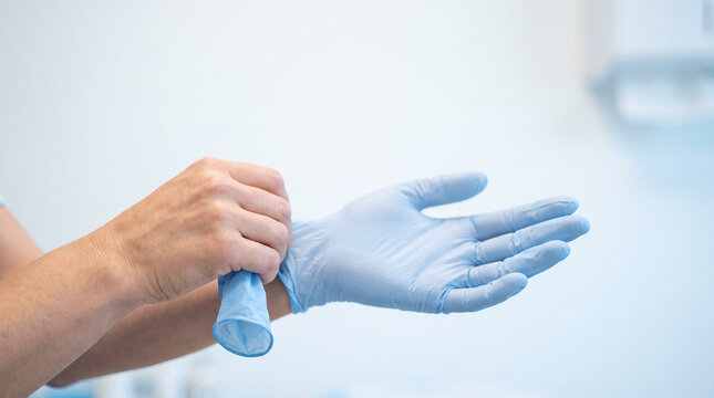 Urology: Woman Removing Medical Gloves in Clinic