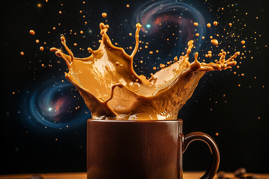 Coffee splashes into a cup with a dark background Generative AI