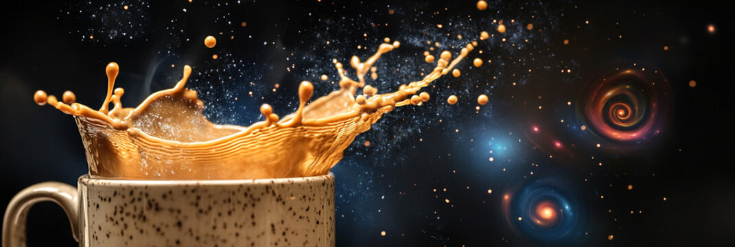 Coffee splashes from a cup in a dark setting Generative AI