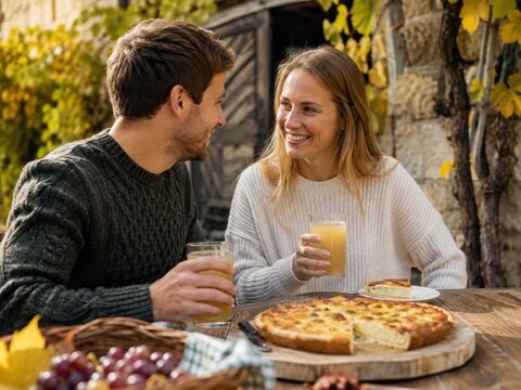 Herbstlicher Genuss im Weingut &ndash; Junges Paar genie&szlig;t Federwei&szlig;er und Zwiebelkuchen im herbstlichen Innenhof in Deutschland. Warme Farben, Weinlaub und gem&uuml;tliche Stimmung.
