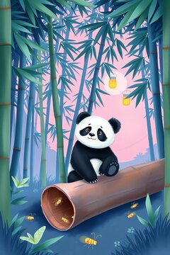 Cute panda in bamboo forest, whimsical art, peaceful scene, digital illustration for sale.
