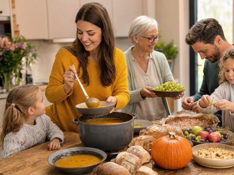 Herbstessen mit der Familie &ndash; Mehrere Generationen genie&szlig;en K&uuml;rbissuppe und saisonale Speisen in einer hellen K&uuml;che in Deutschland. W&auml;rme, Gemeinschaft und regionaler Genuss im Alltag.