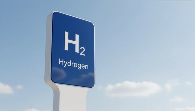 A blue sign with white text displaying the chemical formula H2 and the word Hydrogen against a clear blue sky background, representing clean energy and eco-friendly fuel technology.
